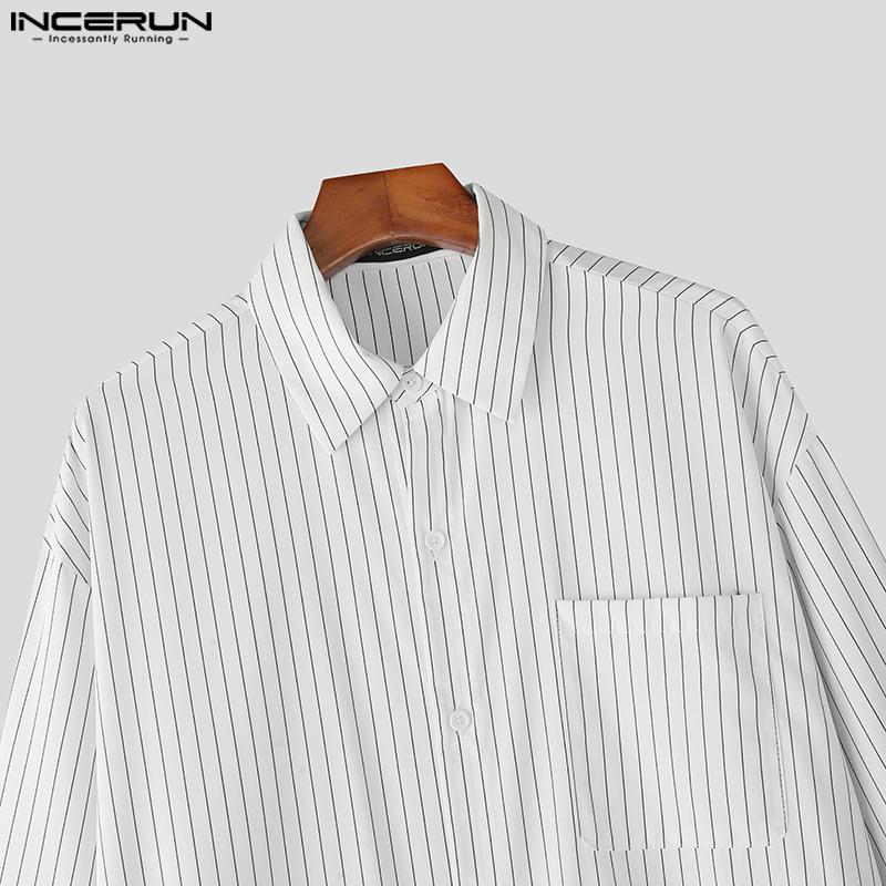 INCERUN Oversized Men Lapel Neck Long Sleeve Striped Loose Long Tunic Casual Shirts