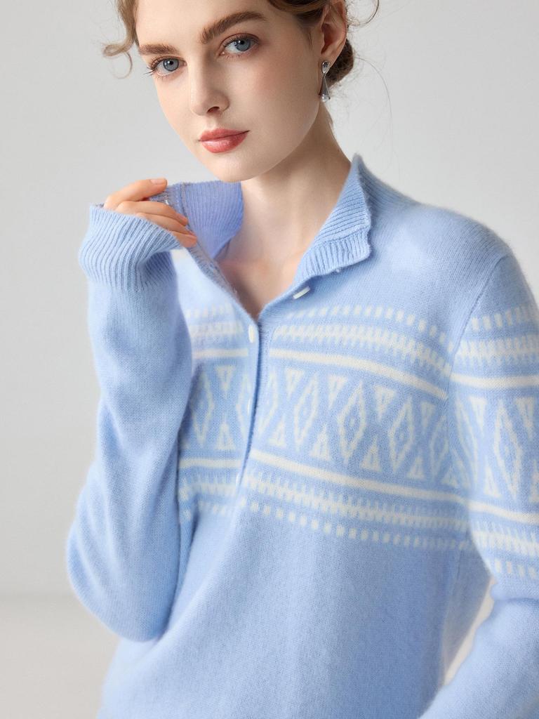 Women's Ethnic Style Fair Isle Jacquard Cashmere Half-Zip Sweater - Loose, Thick Winter Knit Top