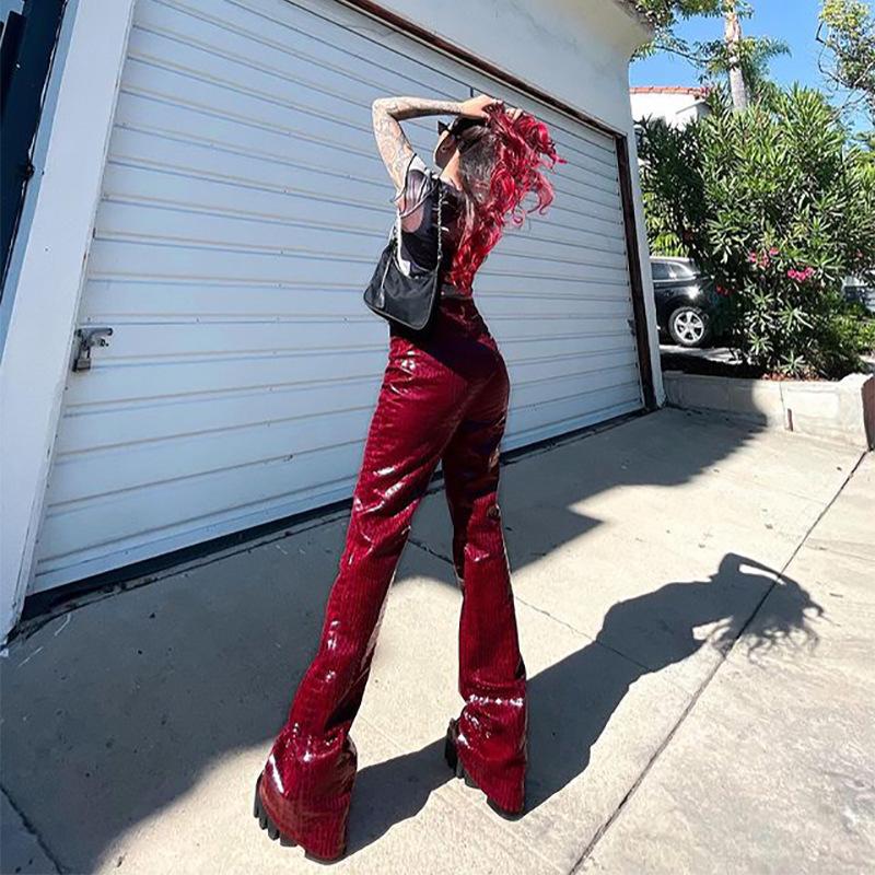 Autumn And Winter Women's Crocodile Pattern Leather Pants Women High Waist Micro Horn Temperament PU Trousers