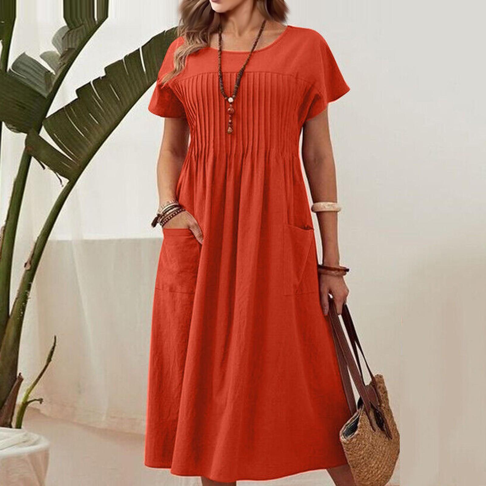 

Женское однотонное хлопковое льняное платье с круглым вырезом и карманами, плиссированное с короткими рукавами XL красный