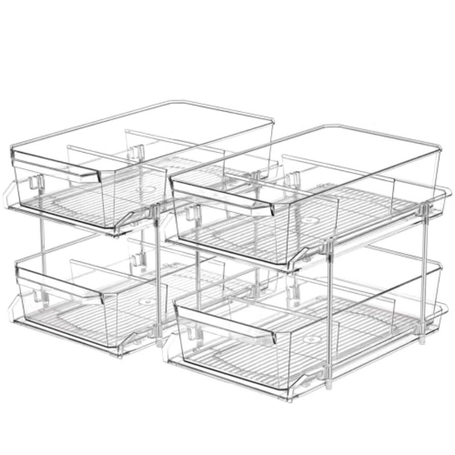 2 Set 2 Tier Clear Organizer with Dividers for Cabinet Shelf Counter - MultiUse Slide-Out Storage Container - Kitchen Pantry Me