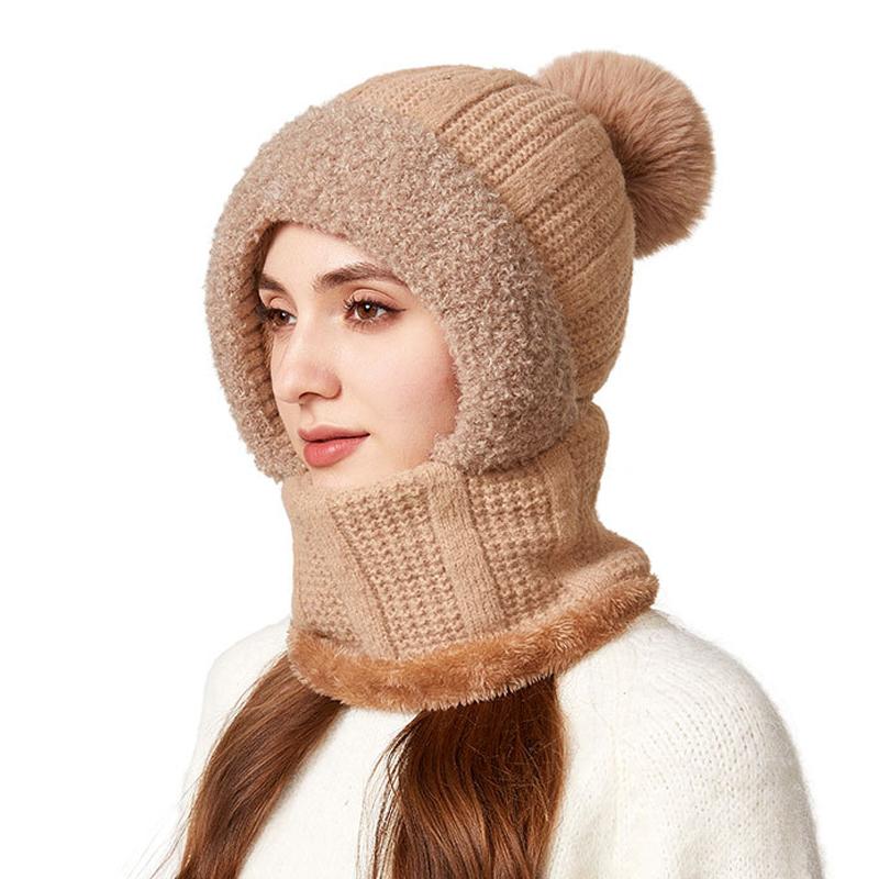 One-Piece Knitted Hat Women's Autumn Winter Thick Hat Scarf Mask One-Piece Wool Hat Cycling Windproof Warm Hat