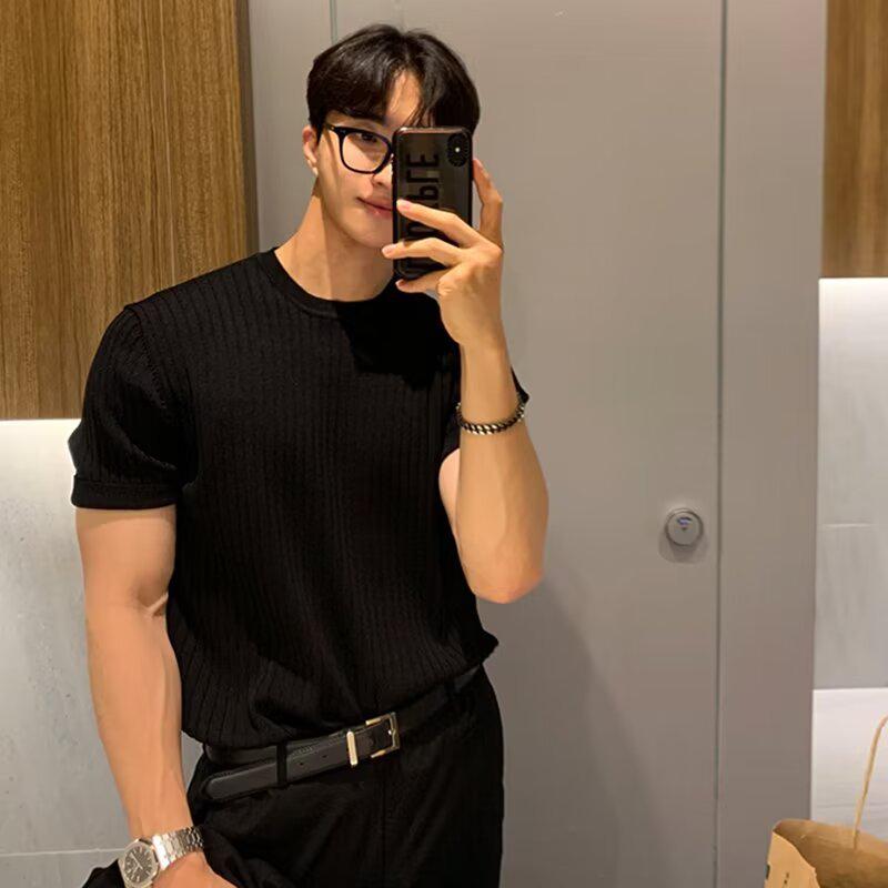 

Men s Trendy Summer 2022 Korean Solid Color Knitted T-Shirt 3XL чорний