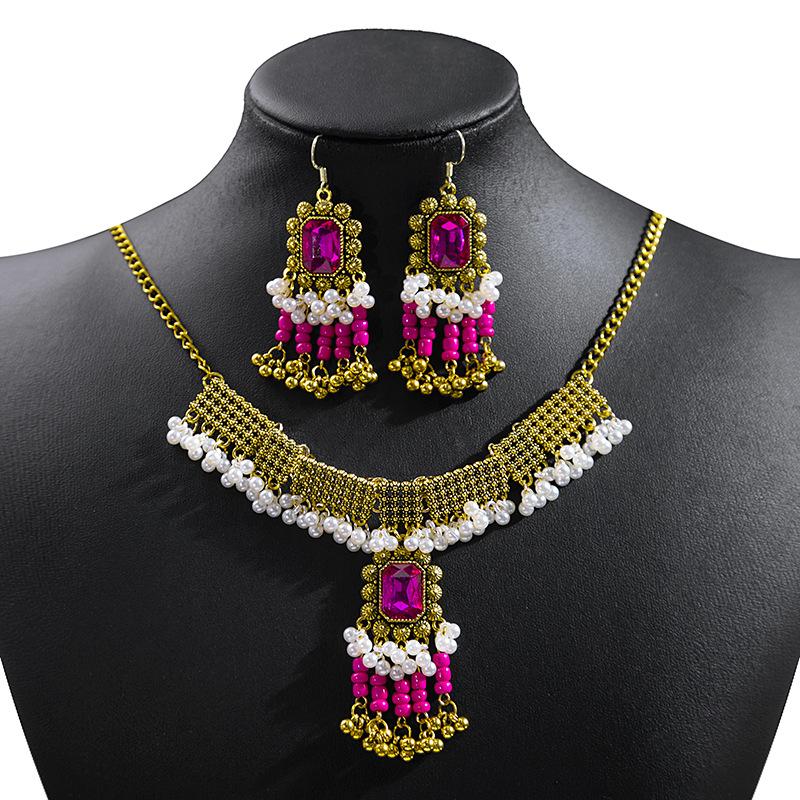 Bohemian Crystal Jewelry Set, European and American Ethnic Style Diamond Fringed Necklace Earrings Set