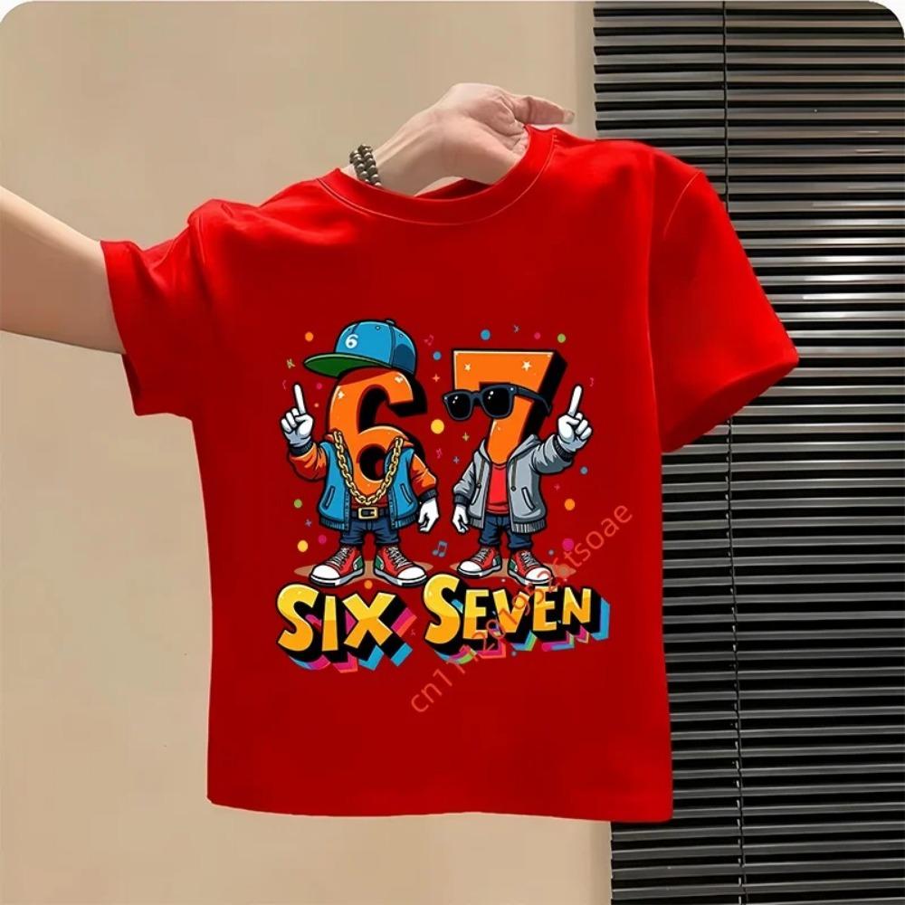 Lustiges Sechs Sieben Italienisches Brainrot 67 Zahlen Grafikdruck T-Shirt Junge/Mädchen Sommer Kurzarm Kinder Locker Bequem T-Shirt Oberteil