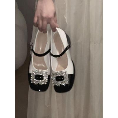 French Thick Heel Mary Jane Shoes Women's 2025 New Spring Retro Rhinestone Spring and Autumn Square Head Small Leather Shoes Single Shoes