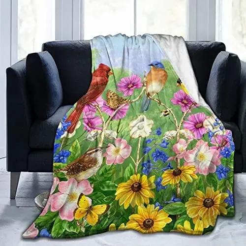 Bird Flowers Pattern Flannel Throw Blanket Super Soft Warm Lightweight King Queen Size for Bed Sofa Couch Blanket for Kids Gift