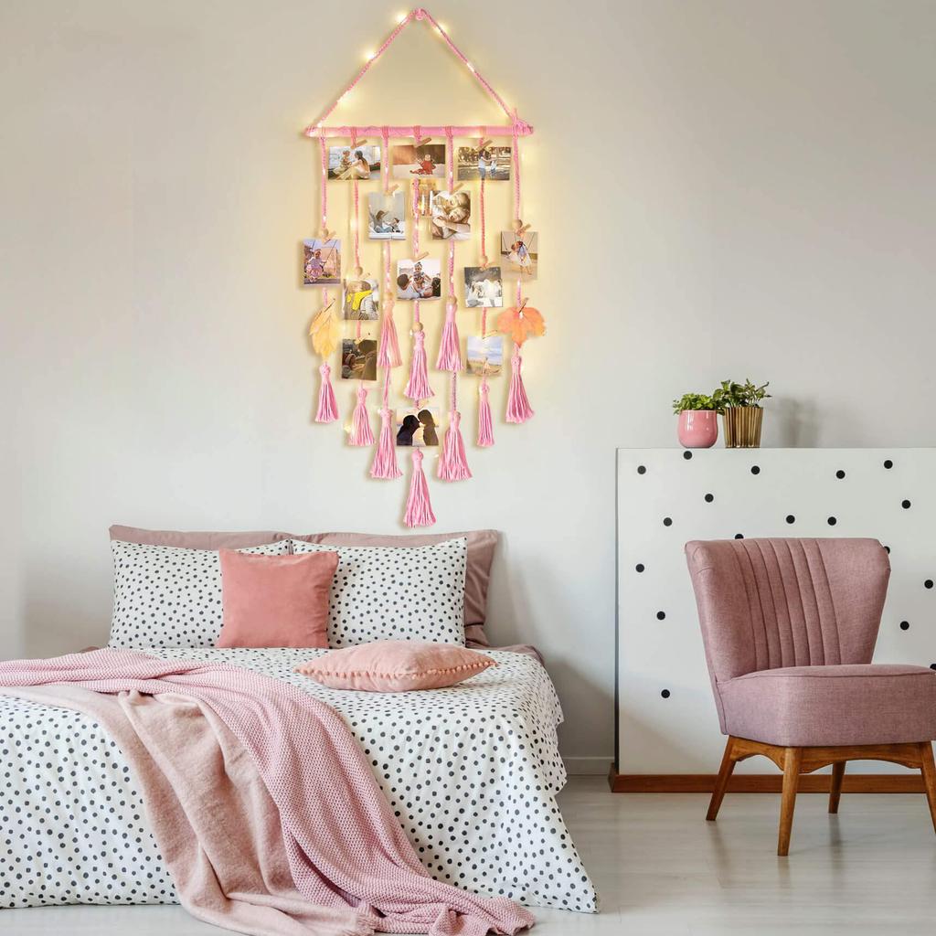 Bohemian Lace Wall Hanging Photo Display with Lights and Clips for Bedroom Decoration