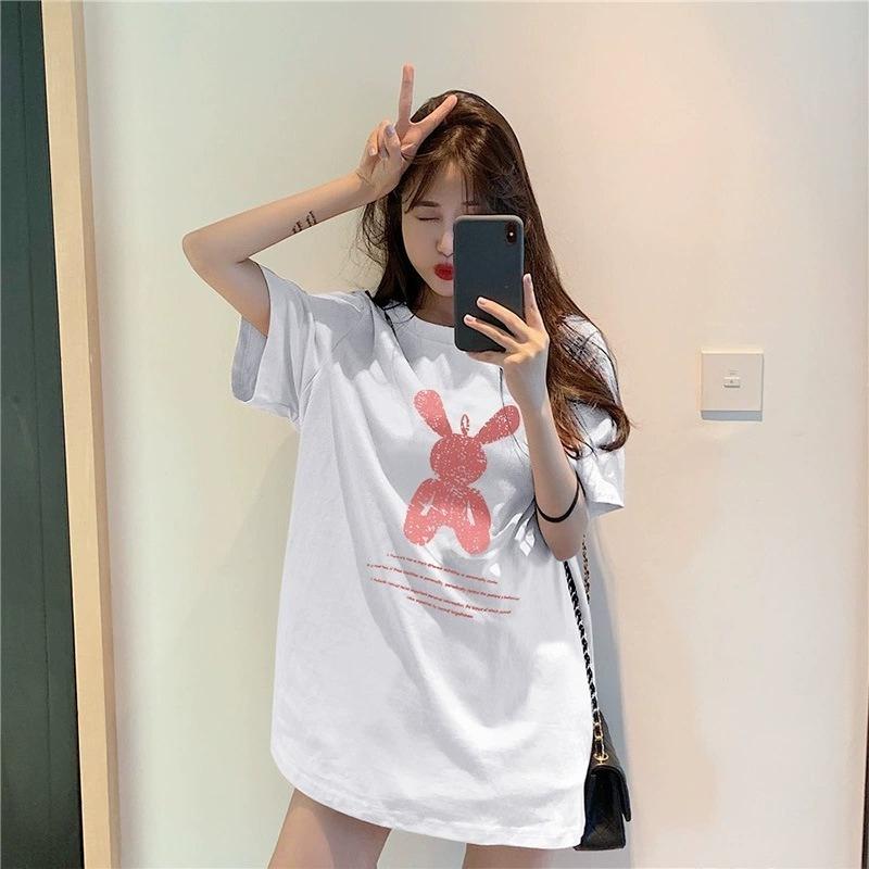 Summer Mid-length Loose Bottoming Shirt Women's Cartoon Ins Round Neck Large Size Short-sleeved T-shirt Women's Blouse Women's Clothing