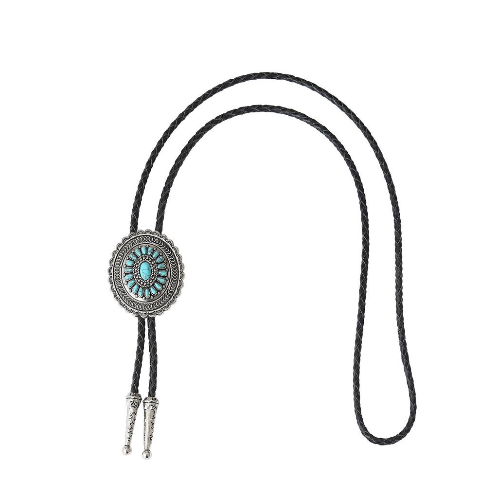 Braided Shoestring Bolo Tie with Turquoise Fretwork Charm Cowboy Necktie Necklace Country Bolo Tie Cowboy