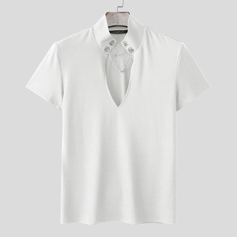 

INCERUN Men Cutout Neck Short Sleeve Texture Casual Fitted T-shirts Tops