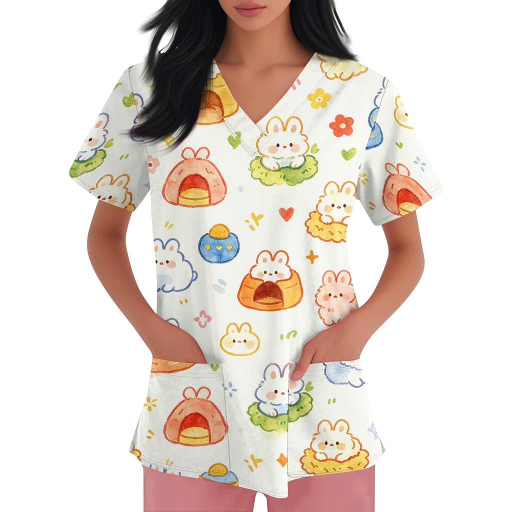 Women's V Neck Short Sleeve Work Top with Pockets Animal Print Medical Scrub Shirt for Healthcare Professionals Nursing Uniform