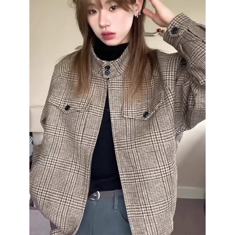 Oclin Barn Style Men's Houndstooth Harrington Jacket - Spring/Autumn Maillard Short Stand Collar Cleanfit Coat