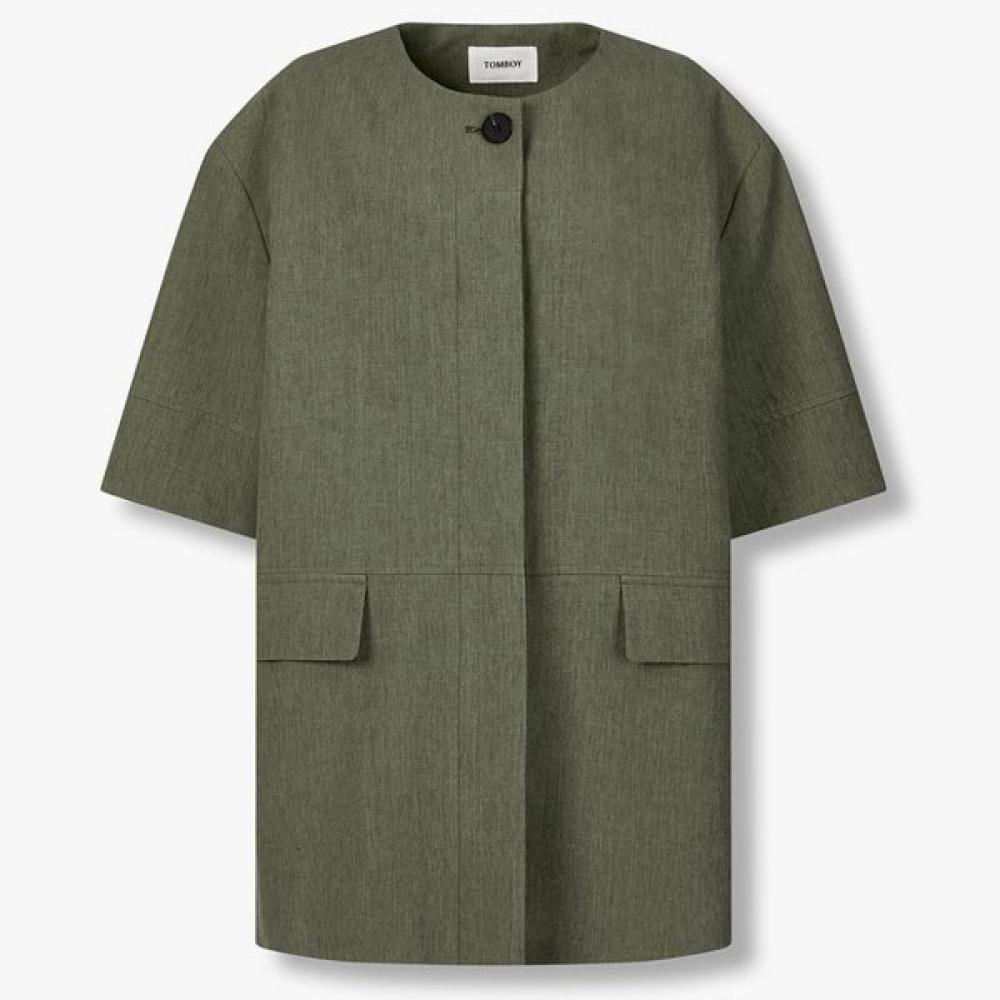 Studio Tomboy Hidden Button Round Neck Short Sleeve Jacket 9106212551 Khaki/S