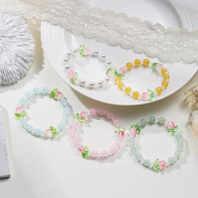 Sweet Tulip Bracelet for Women Elegant Candy Color Beaded Elastic Rope Flower Bracelets Girls Party Jewelry Gift