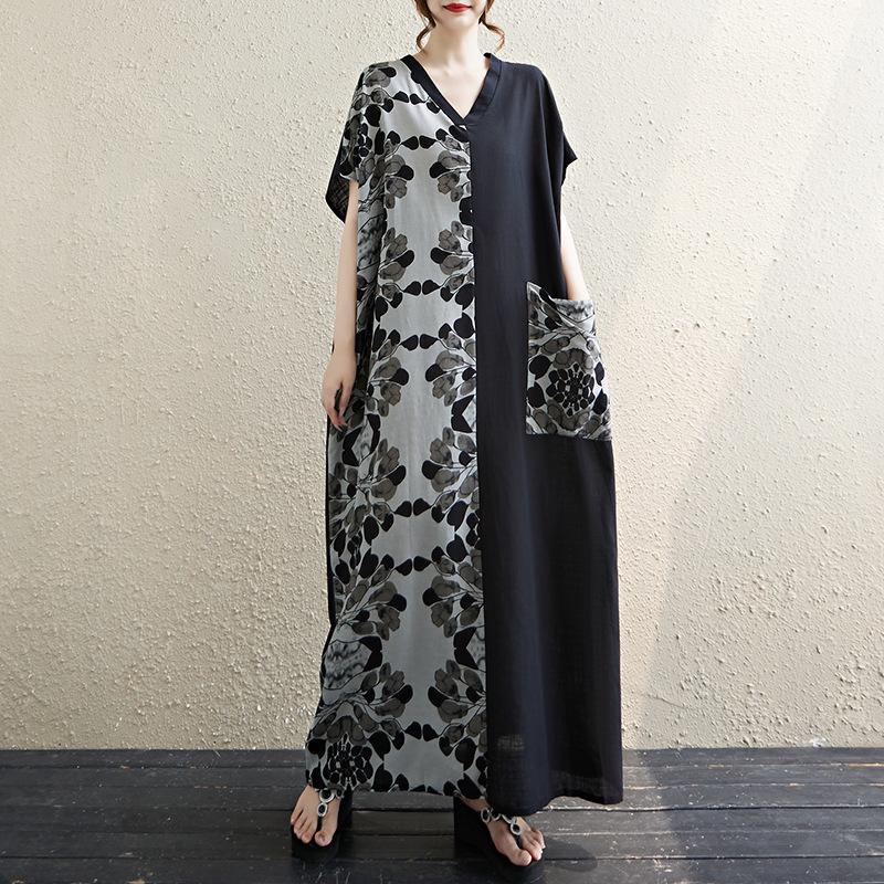 

A Cotton and Linen Artistic Retro V-neck Dress That Hides The Figure and Makes One Look Slimmer Short-sleeved and Color-blocked Long Dress for Women L
