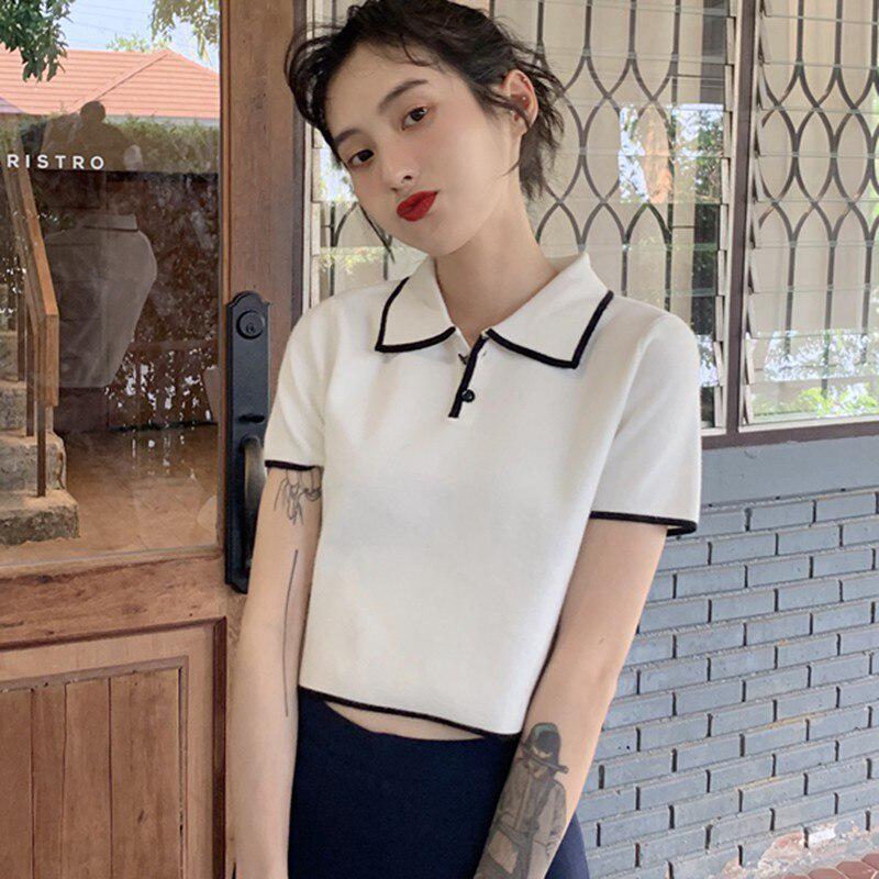 Women Knit Solid Color Top Fashion Turn-down Collar Short Sleeve Button Top T-shirts Woman Casual Slim T Shirt