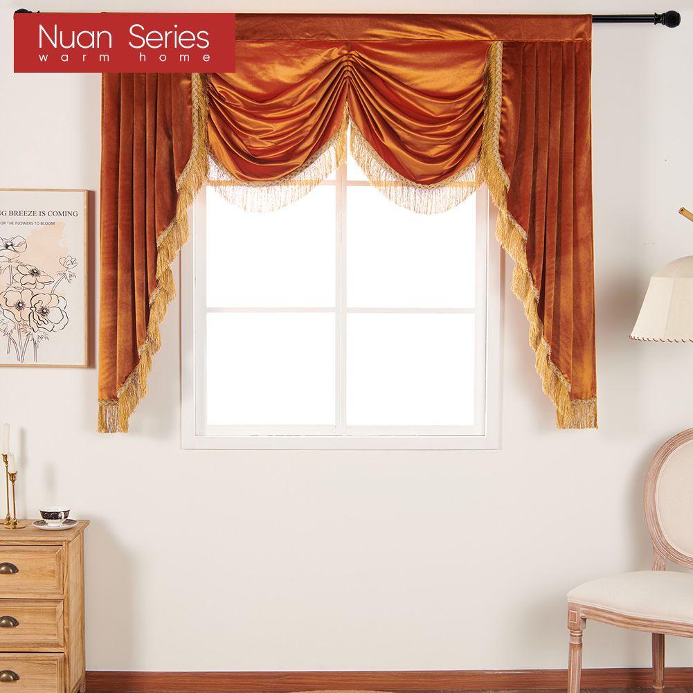 1PC Nuan Series Luxury Golden-Yellow Tassel Trim Waterfall Valance Velvet Texture Curtain For Kitchen Window Home Decor