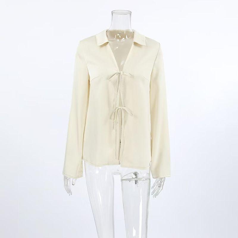 

European and American Autumn New Cardigan Shirt Satin Strap Split Lapel Shirts Lace up Lapel Shirt Apricot S