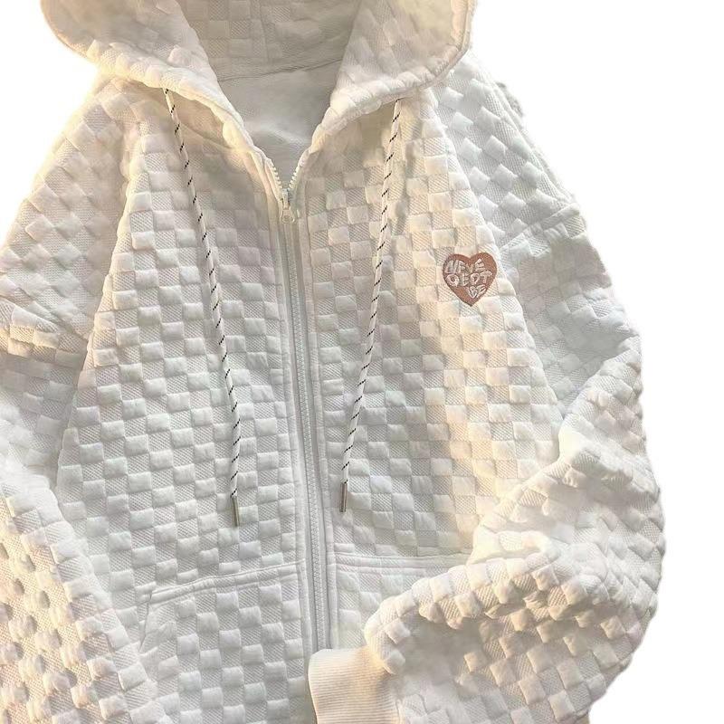 Autumn Women's Plus Size Hooded Sweatshirt Loose Waffle Long Sleeve Cardigan Jacket