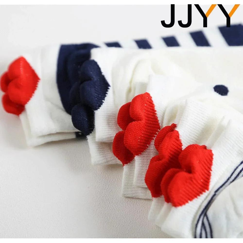 Women Breathable Cotton Stripe Ankle Socks Cute Love Heart Design Comfort Short Socks for Daily Sport Wear