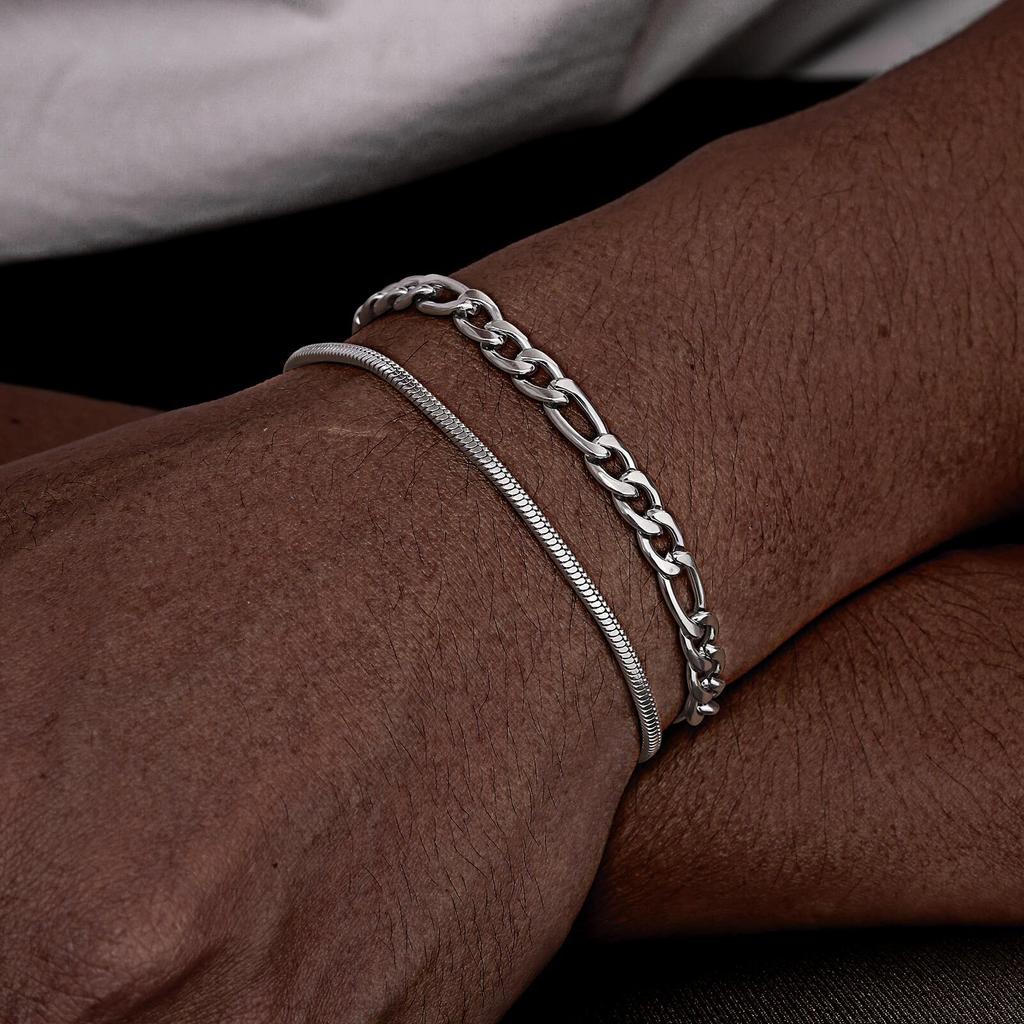 2pcs Stainless Steel Bracelets for Men,Silver Color Figaro Chain Links Wristband,Casual Jewelry Gift