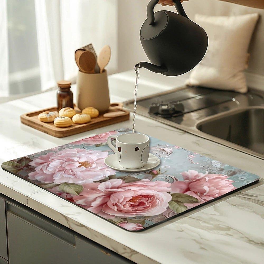 1Pcs Rubber Drying Mat With Rose Floral For Coffee Shop Restaurant Kitchen Carpet Tableware Durable Diatom Mud Table Mat Pet Mat