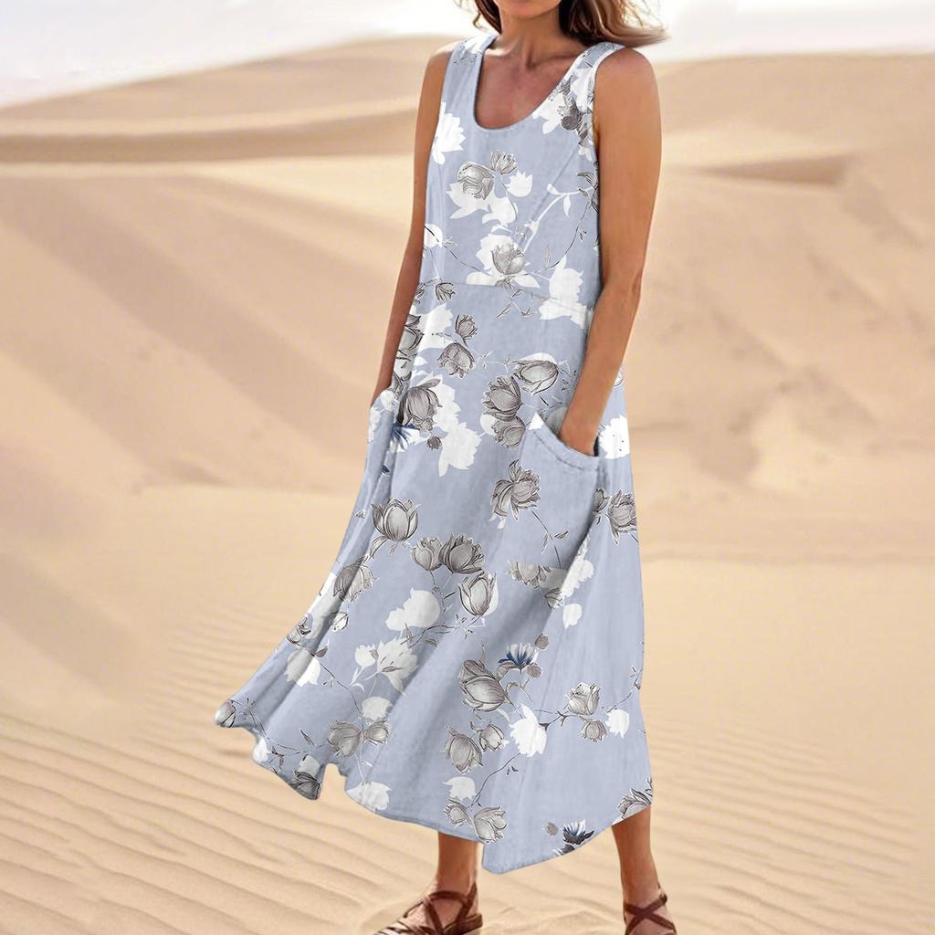 Women's Summer Casual Fashion Flower Printed Sleeveless  Pocket Dress