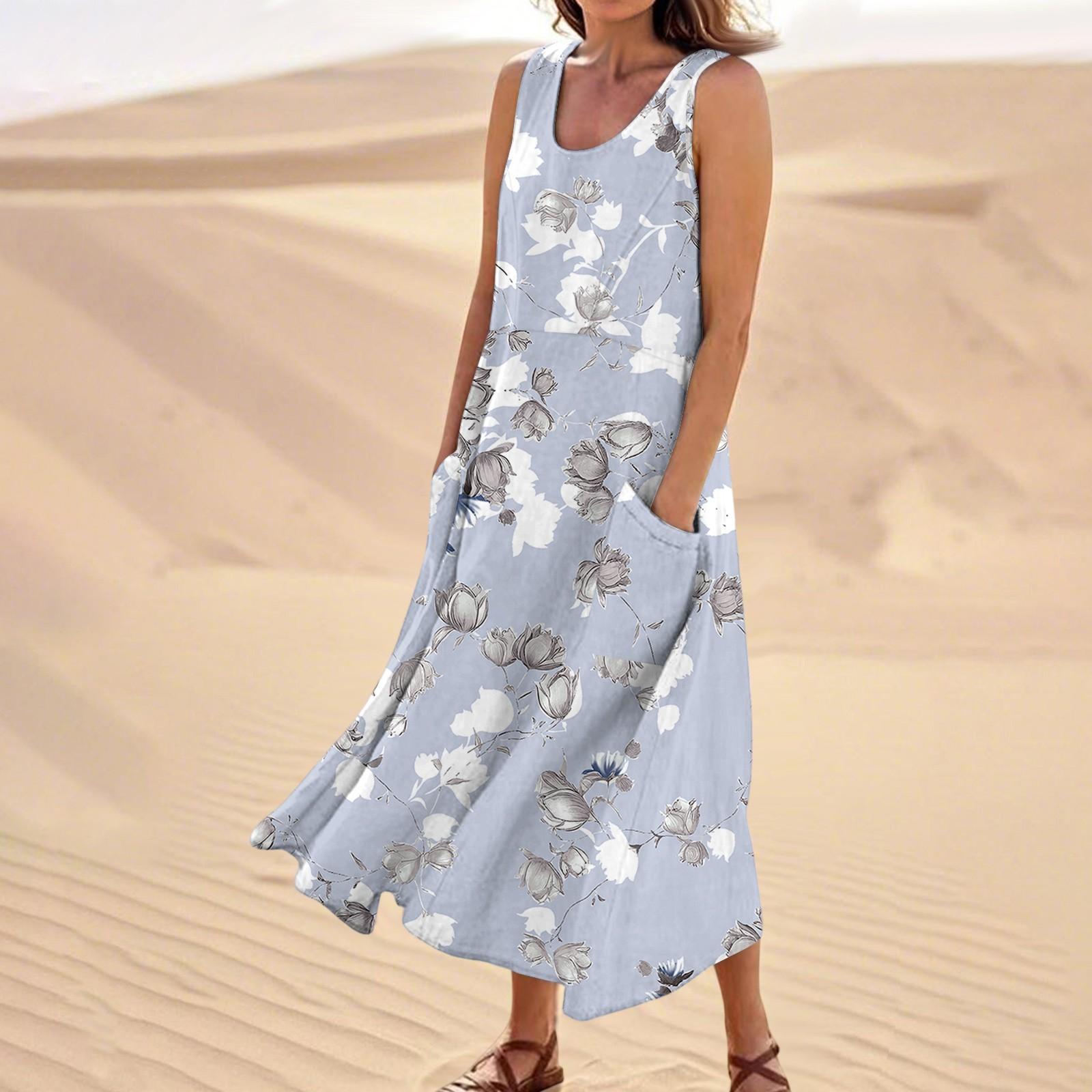 

Женское летнее повседневное модное платье без рукавов с цветочным принтом и карманом M