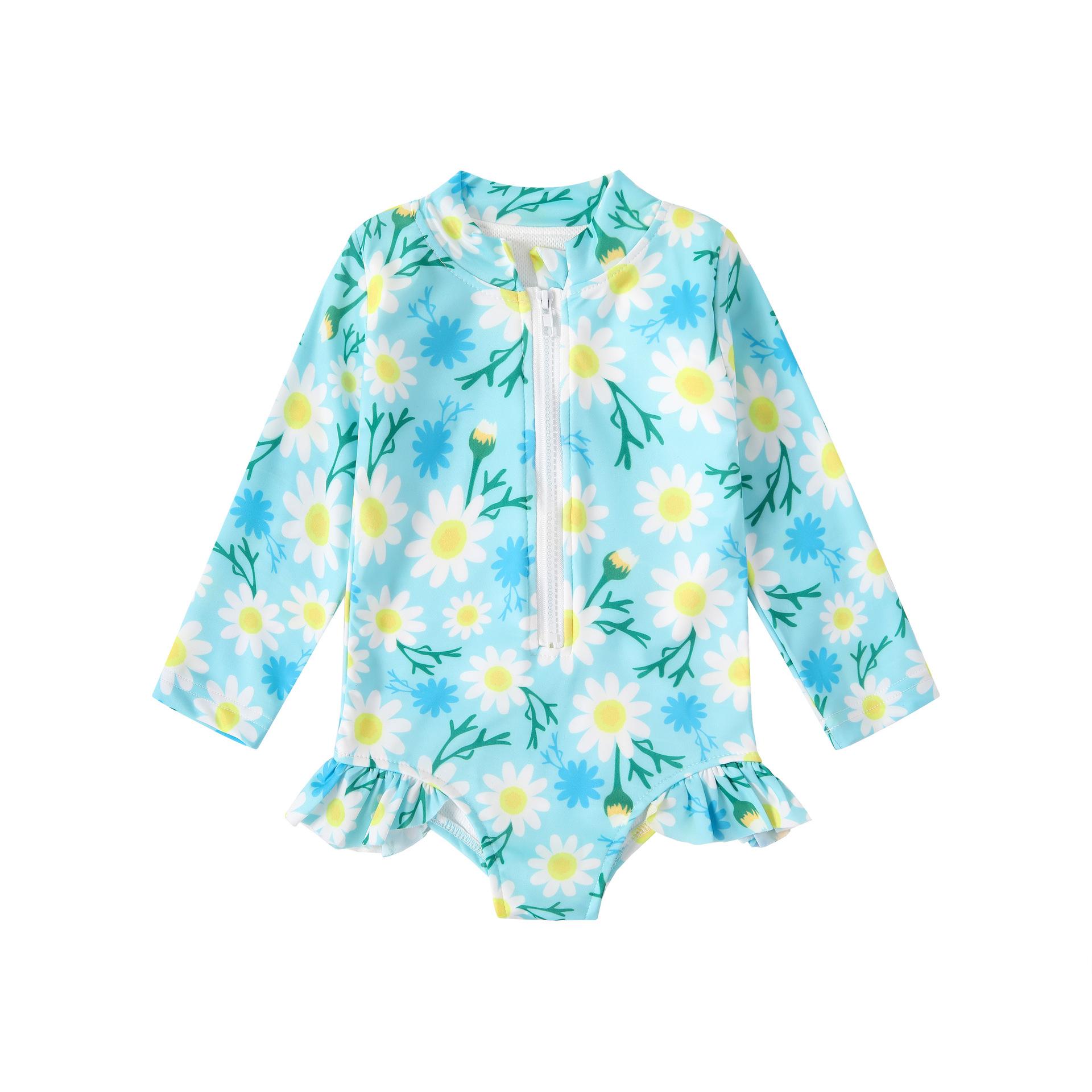 

Детские купальники для маленьких девочек, лето 2024, комбинезон с цветочным принтом и длинными рукавами на молнии и оборками, купальники, пляжная одежда, купальные костюмы 120 зелёный