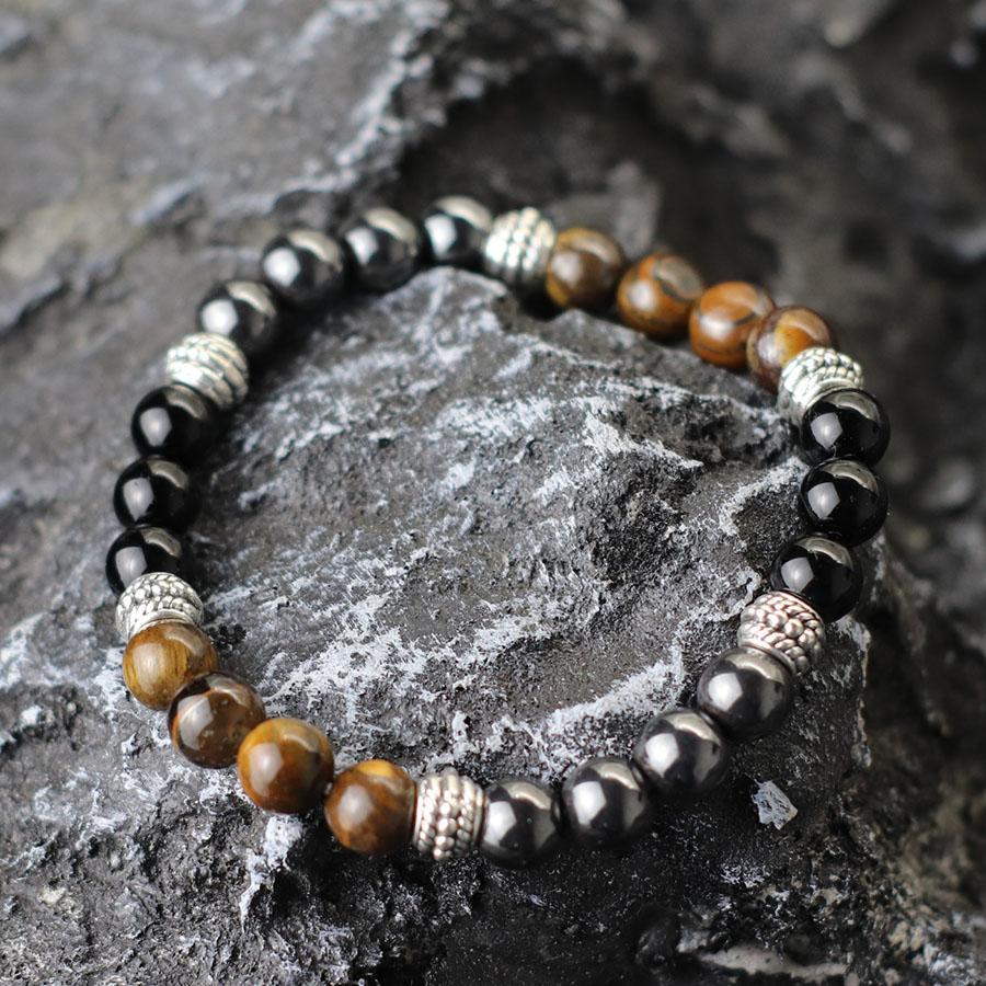 Simple Men Bracelet Natural Lava Tiger Eye Stone Hand Beaded Brass Braclet Casual Accessories Prayer Meditation Yoga Braslet