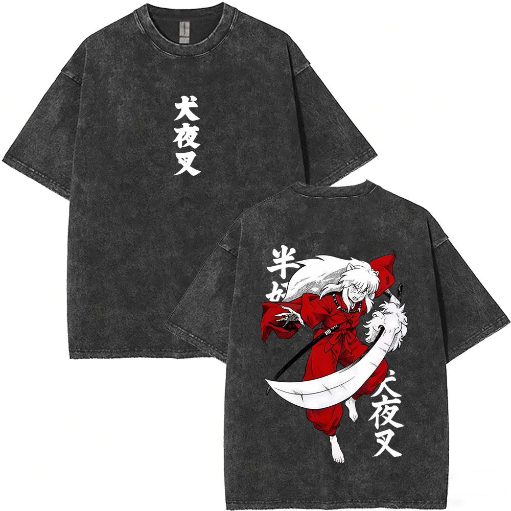 T-shirt Vintage Lavata Anime Inuyasha Sesshomaru Merch Uomo Donna Casual Oversize T-shirt Uomo Divertenti Cartoni Animati Harajuku T-shirt