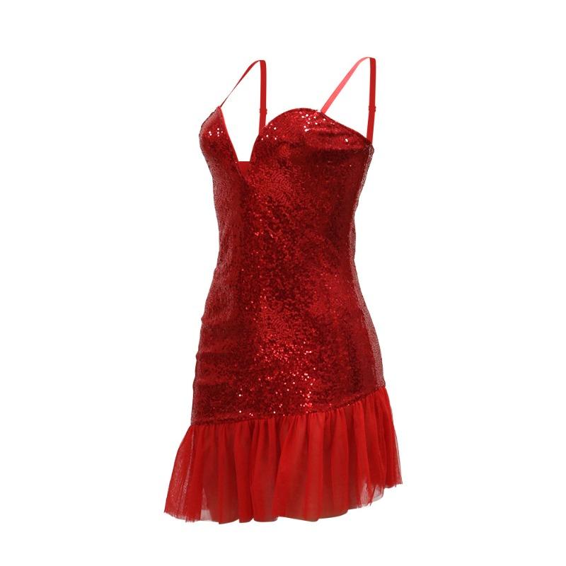 Women's Sequin Halter Dress Dinner Dress Wrap Hip Short Dress Patchwork Lotus Hem