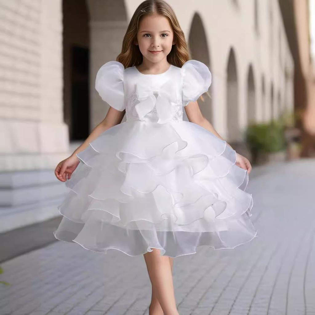 Girls Cake Dresses Bow Bubble Sleeve Princess Dress Walking Performance Halloween Flower Girl Party Dresses Dresses 8622 Girl's Favourite Dress