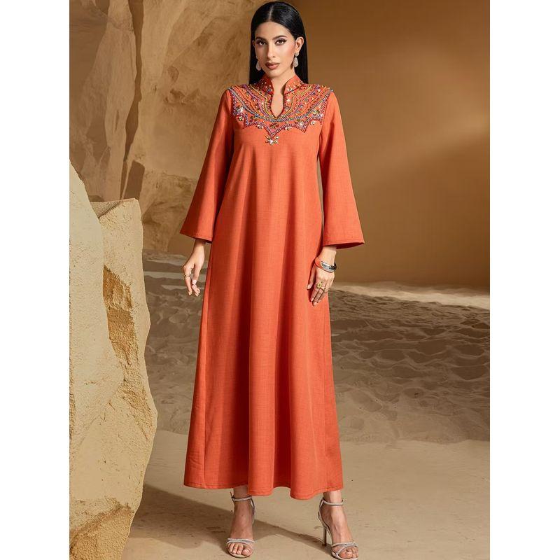 

New Middle East Arab Handmade Seam Drill Loose Robe Dress Hand Sewn Diamond Dress Burning orange L