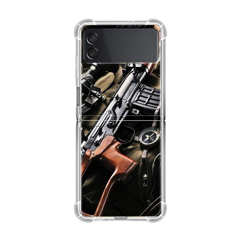 Luxury Case For Samsung Galaxy Z Flip 3 4 5G Funda Z Flip3 Clear PC Hard Shockproof Back Phone Shell AK47 Handgun Gun BUllets