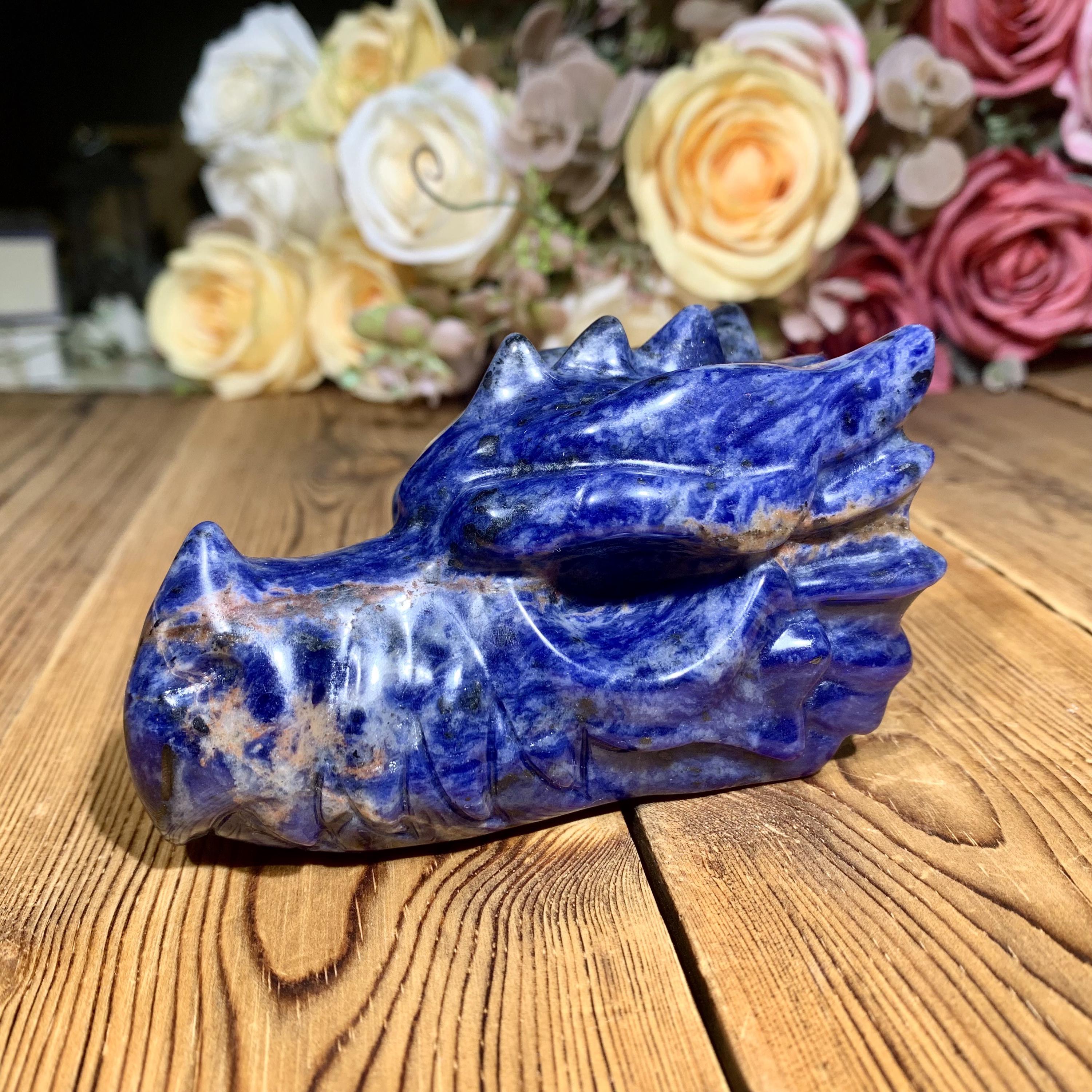 Natural Blue Sodalite Dragon Skulls Fashion Crystal Dragon Head Skulls Decorative Knife Ornament (as the picture,One Size)