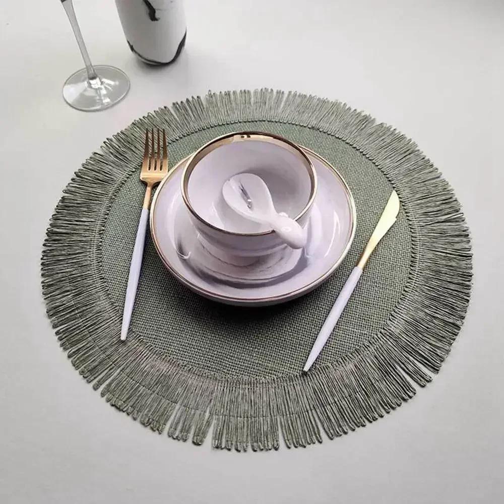 1PC Round Tassel Placemat Heat Resistant Mat Simple Jute Dining Table Mat Placemat for Wedding Homes Party Dining Table 38x38cm