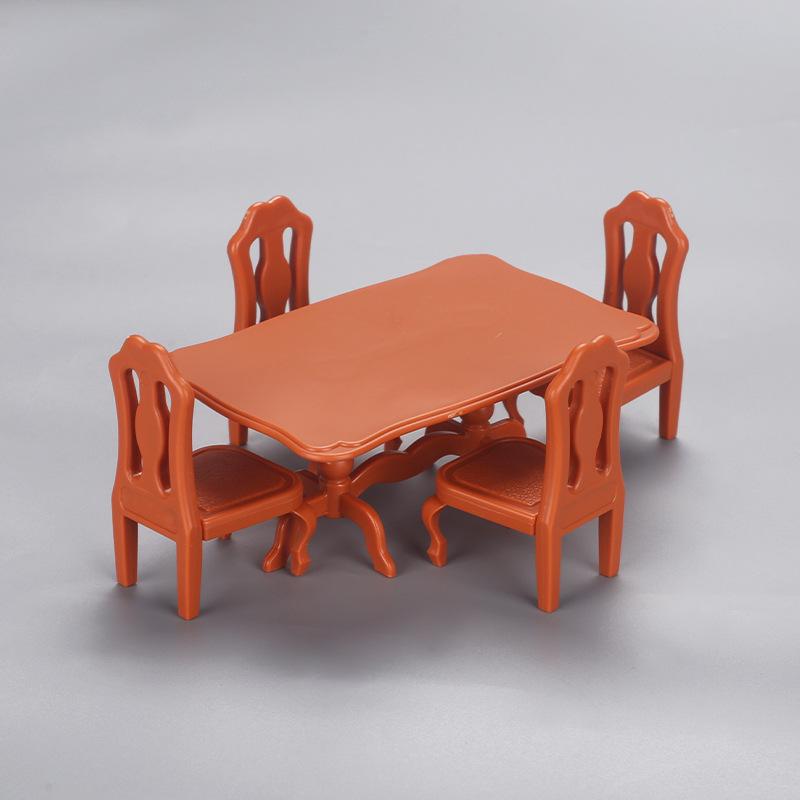 Dollhouse Mini Furniture Set: Rectangular Table and Chairs with Kitchen Food Ornaments