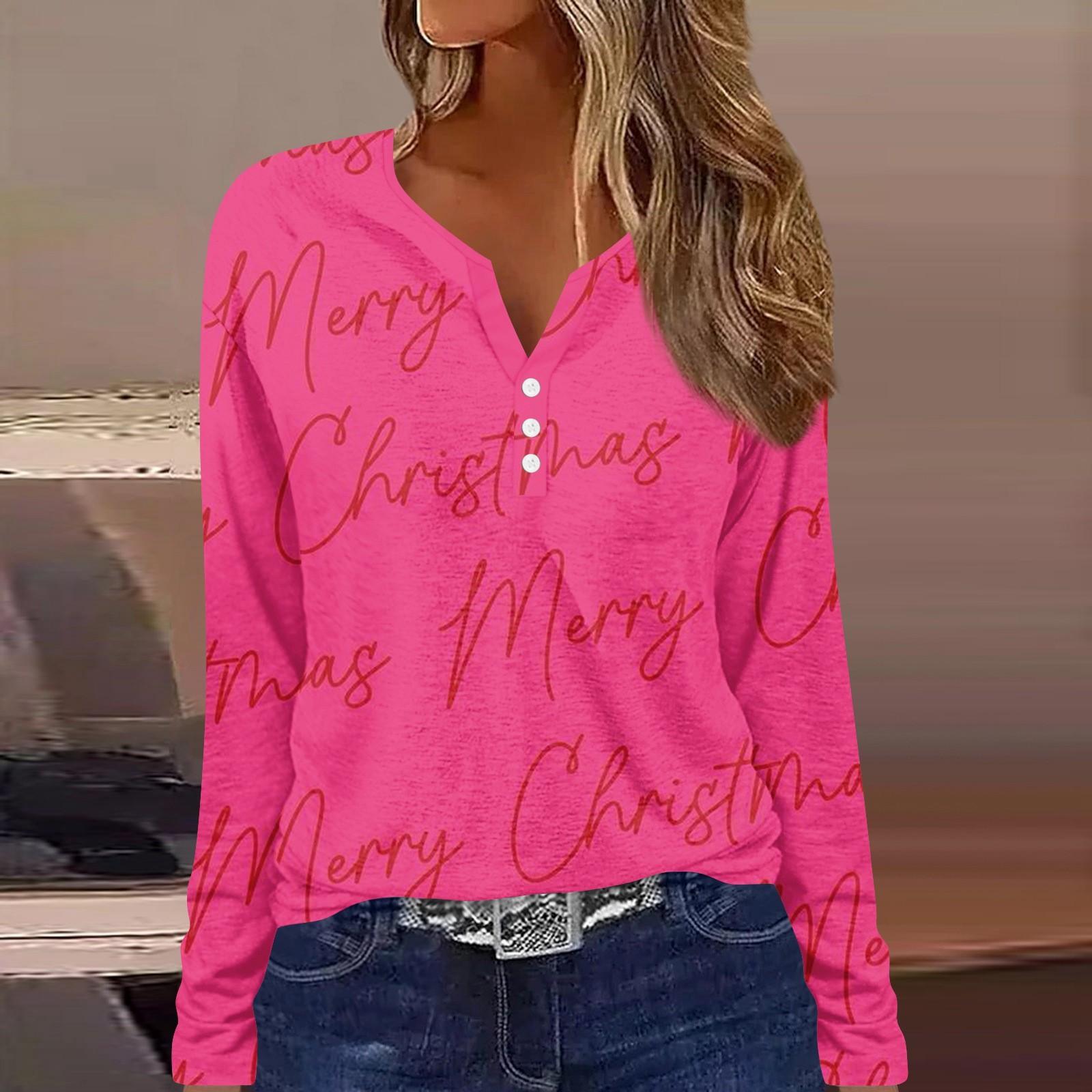 

Женская мода повседневная цветочная рождественская печать V-образный вырез с длинными рукавами на пуговицах с длинными рукавами топ L