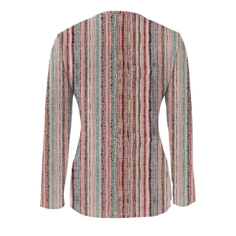Retro Colorful Striped V-neck Zipper Top for Women, Versatile Slimming Long-sleeved Bottoming T-shirt