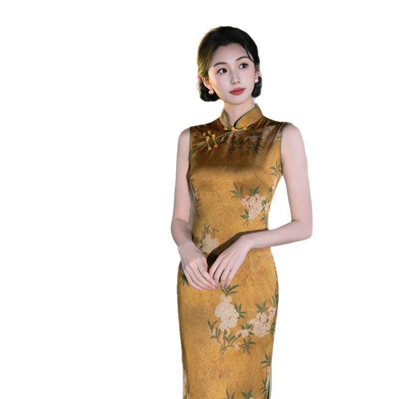 Hong Kong style Chinese long sleeveless cheongsam spring and summer new fashion improved young high-end satin cheongsam