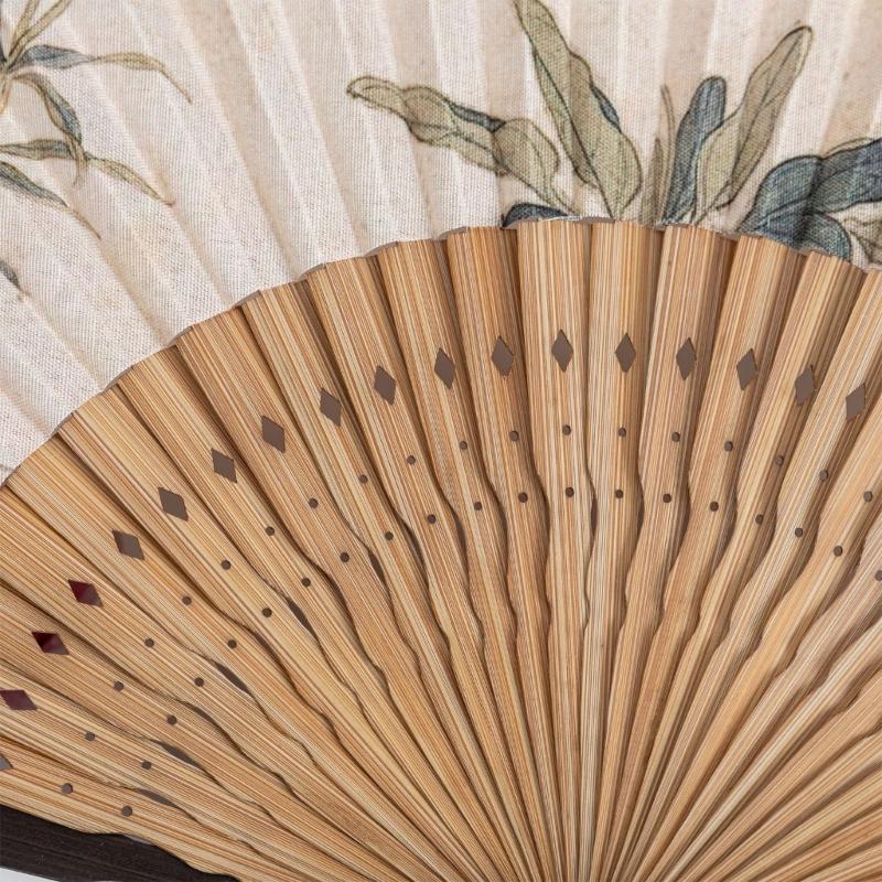 Vintage Chinese Cheongsams Folding Fan with Butterfly Flower Pattern Wood and Cotton Linen Handheld Fan with Tassels
