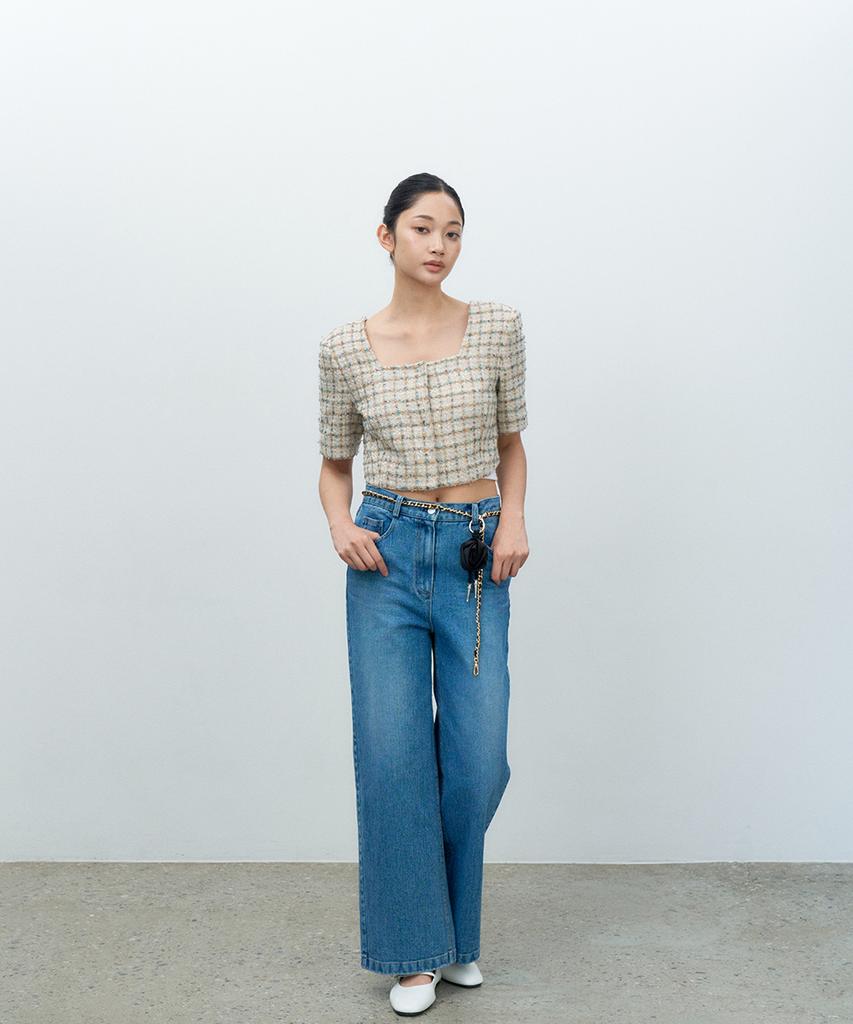 Make A Toast Square Neck Tweed Jacket Beige Mbesjk001Be