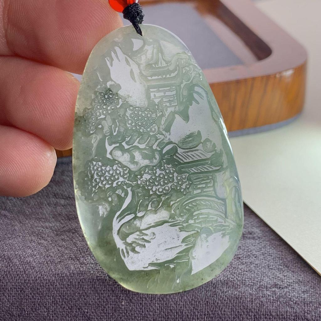A-Grade Ice-Type Myanmar Jade Hand-Carved Pendant with Landscape & Buddha for Auspicious Gifts