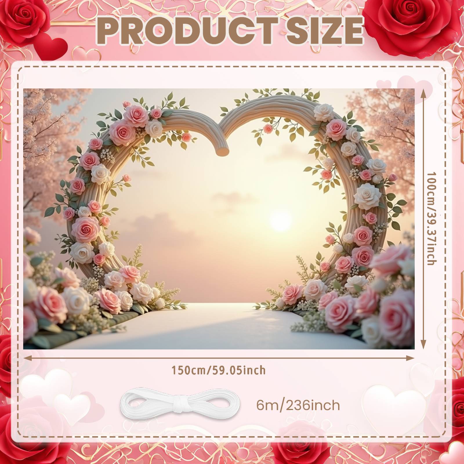 

Wedding Banner Curved Structure Rose Heart Banner Love Theme Display Heart-shaped Frame Floral Love Banner For Bridal Shower