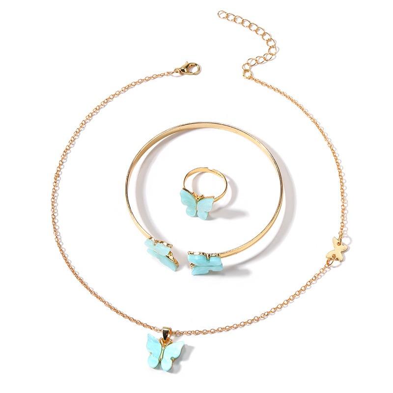New Accessories Versatile Alloy Butterfly Ring Bracelet Bracelet Necklace Three-piece Set Complex Color Set Women
