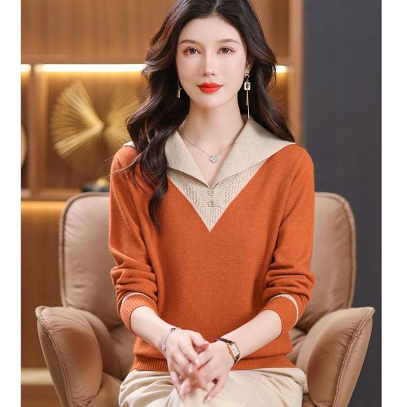 Women Autumn Winter Turn-Down Collar Pullover Color Block Button Long Sleeve Sweater Knitted Tops Female Bottoming Shirt