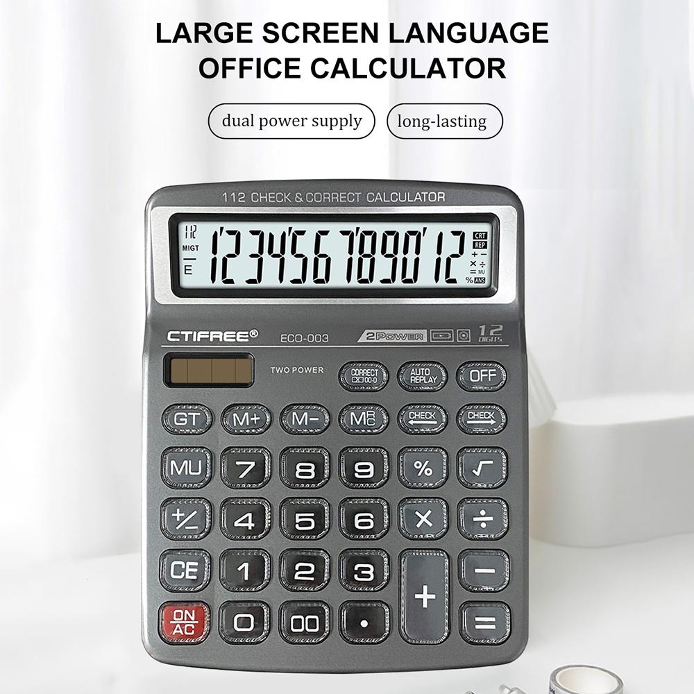 Kalkulator biurkowy 12-cyfrowy duży wyświetlacz LCD i zasilanie solarne Kalkulator z dużymi przyciskami 112 kroków Sprawdź