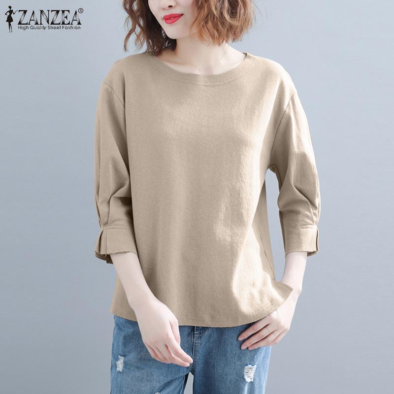 

ZANZEA Женская летняя однотонная повседневная блузка с рукавом шесть четвертей Топы